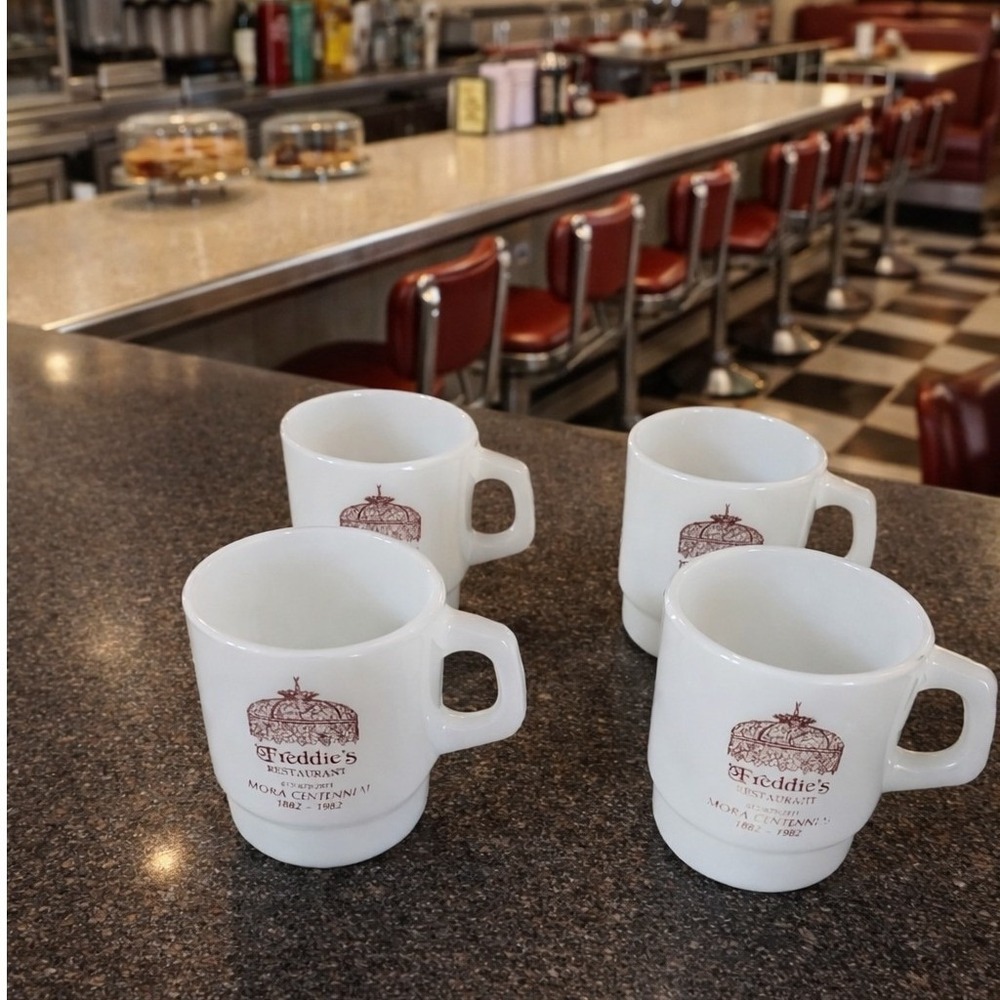 Freddie's Restaurant Mora MN Centennial 1882 - 1982 Milk Glass Mugs Set‎ of 4